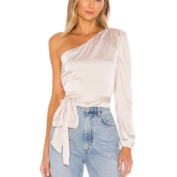 Revolve Beige One Shoulder Satin Wrap Top XXS Romantic Chic More to Come $68 NEW - Picture 1 of 10